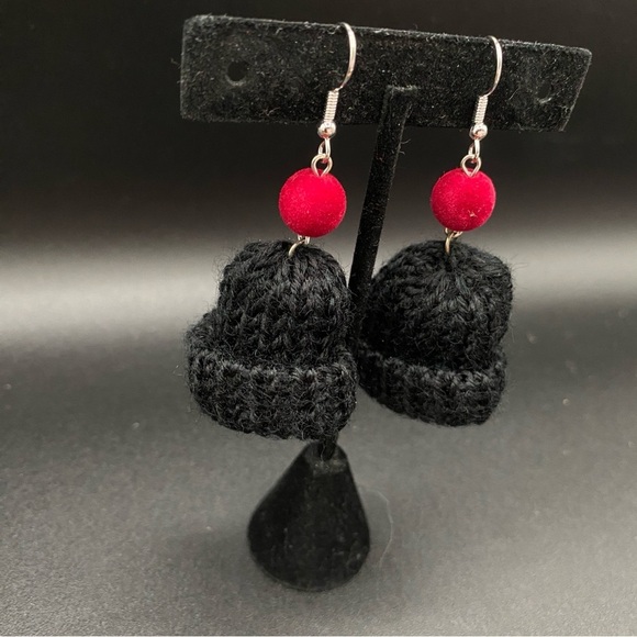 Handknit Black and Burgundy Winter Hat Earrings - Picture 5 of 7